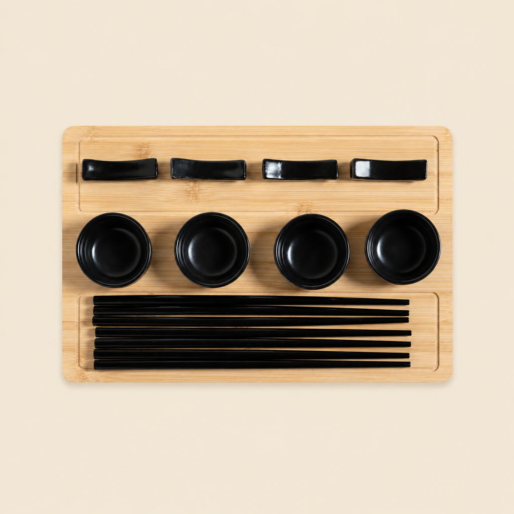 SET DE SUSHI PARA 4 BAMBOO Y PORCELANA REDONDO NEGRO 30X20 CM