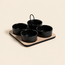 SET X 4 COPETINEROS DE PORCELANA REDONDOS BASE BAMBOO NEGRO 20X20 CM