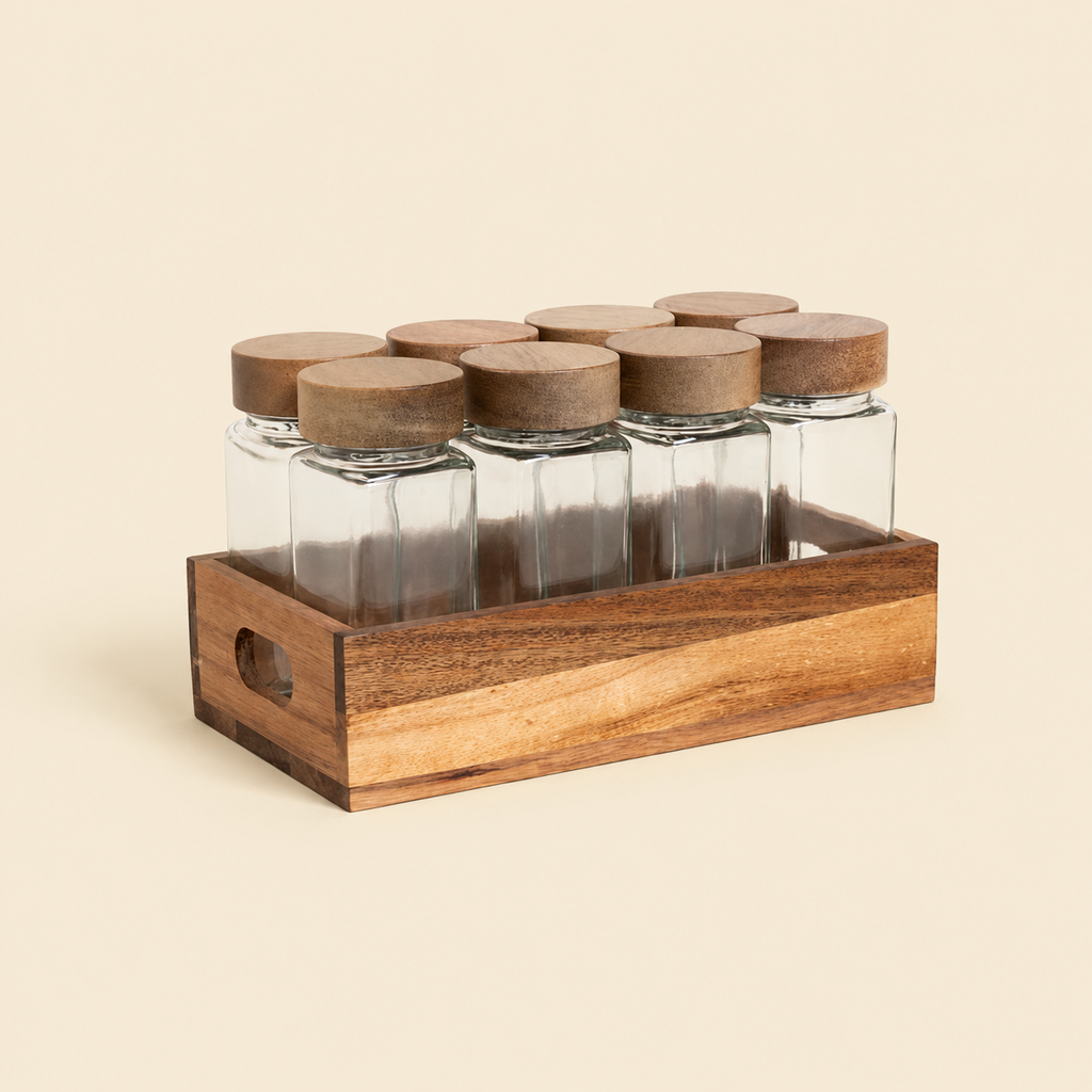 SET X 8 ESPECIEROS DE VIDRIO CON MADERA DE ACACIA