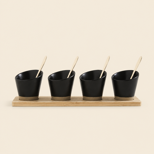 [303660] SET X 4 COPETINEROS DE PORCELANA NEGRA BASE BAMBOO Y CUCHARAS DORADAS 30X8 CM