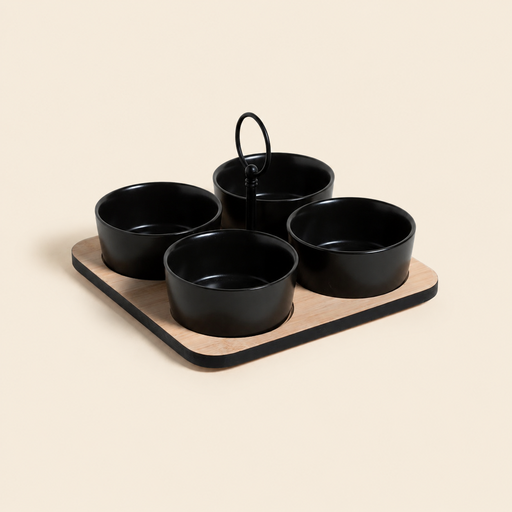 [303663] SET X 4 COPETINEROS DE PORCELANA REDONDOS BASE BAMBOO NEGRO 20X20 CM